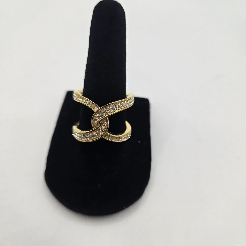 Michael Kors Gold-Tone Knot Crossover Interlocking Crossover Crystal Ring Size 7